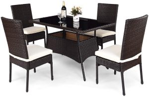 Tangkula Patio Furniture, 5 PCS All Weather Resistant Heavy Duty Wicker Dining Set with Chairs, Perfect for Balcony Patio Garden Poolside, 5 Piece Wicker Table and Chairs Set