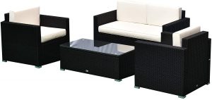 Outsunny 4 Pieces Outdoor Wicker Patio Sofa Set, Rattan Conversation Furniture Set with Cushions and Coffee Table, Black/White