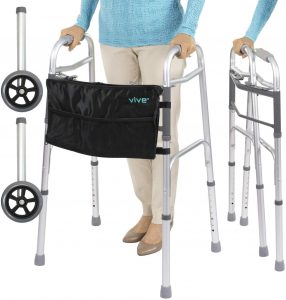 Vive Folding Walker (Plus Bag and 2 Wheels) - Front Wheeled Support, Narrow 23 Inch Wide - Adjustable, Lightweight Portable, Compact Elderly, Handicap Medical Walking Mobility Aid - Push Button Close