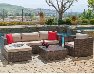SUNCROWN Outdoor Patio Furniture Sectional Sofa and Chair (6-Piece Set) All-Weather Brown Wicker with Seat Cushion and Modern Glass Coffee Table, Garden, Backyard, Pool, Waterproof Cover