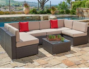 SUNCROWN Outdoor Patio Furniture 7-Piece Wicker Sofa Set, Washable Seat Cushions with YKK Zippers and Modern Glass Coffee Table, Waterproof Cover and clips, Brown