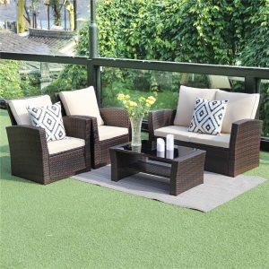 Wisteria Lane 5 Piece Outdoor Patio Furniture Sets, Wicker Ratten Sectional Sofa with Seat Cushions, Brown