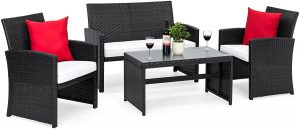 Best Choice Products 4-Piece Wicker Patio Conversation Furniture Set w/ 4 Seats and Tempered Glass Top Table, Black