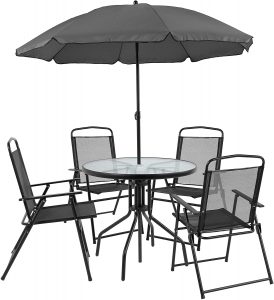 Flash Furniture Nantucket 6 Piece Black Patio Garden Set with Table, Umbrella and 4 Folding Chairs