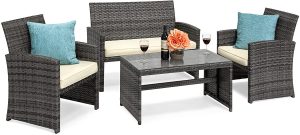 Best Choice Products 4-Piece Wicker Patio Conversation Furniture Set w/ 4 Seats and Tempered Glass Top Table, Gray