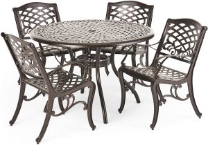 Hallandale Outdoor Furniture Dining Set, Cast Aluminum Table and Chairs for Patio or Deck (5-Piece Set)