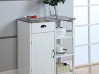 Kings Brand White Finish Wood & Marble Vinyl Top Kitchen Storage Cabinet Cart
