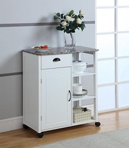 Kings Brand White Finish Wood & Marble Vinyl Top Kitchen Storage Cabinet Cart